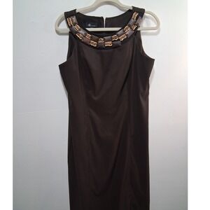 AB Studio Women's Brown Sleeveless Beaded Neck Sheath Dress Size 14